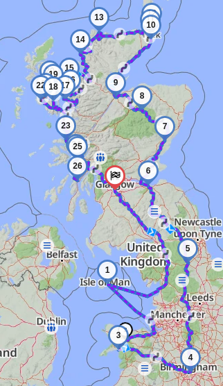 A 26 point map of a multi-day trip across The UK and the IoM spanning a little less than 2000 miles